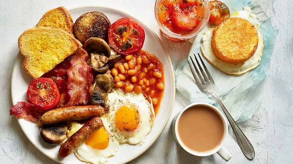 Assorted delicious breakfast plates, featuring a traditional American spread