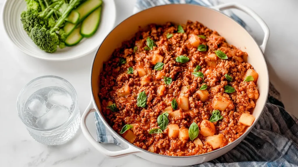 Delicious comfort ground turkey dinner, freshly prepared with a healthy twist, served with vegetables.