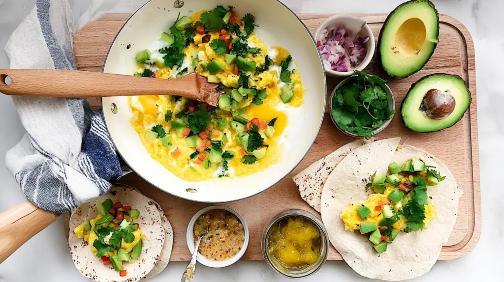 An aerial view of an easy morning breakfast spread with coffee
