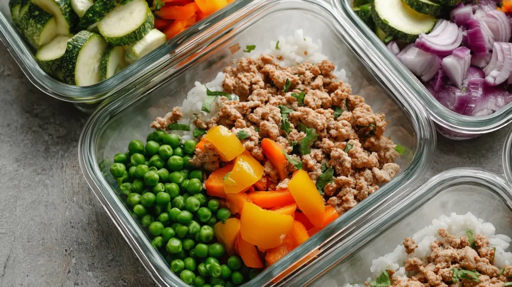 Varied healthy ground turkey meal prep containers arranged for a week's meals.