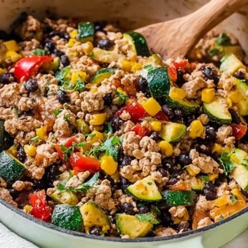 A full shot of a healthy ground turkey and veggie skillet, ready to eat