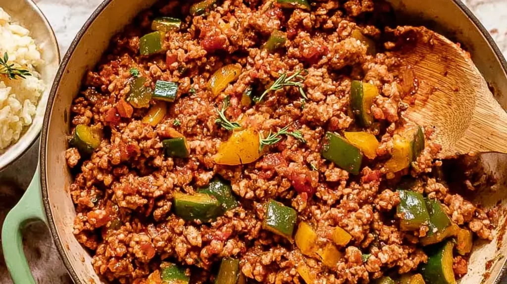 Healthy meal featuring ground turkey, rice, and fresh greens.