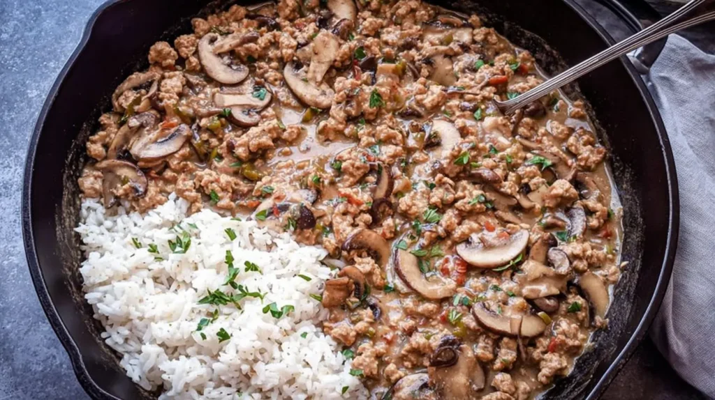 Healthy ground turkey meal, artfully plated with fresh herbs.