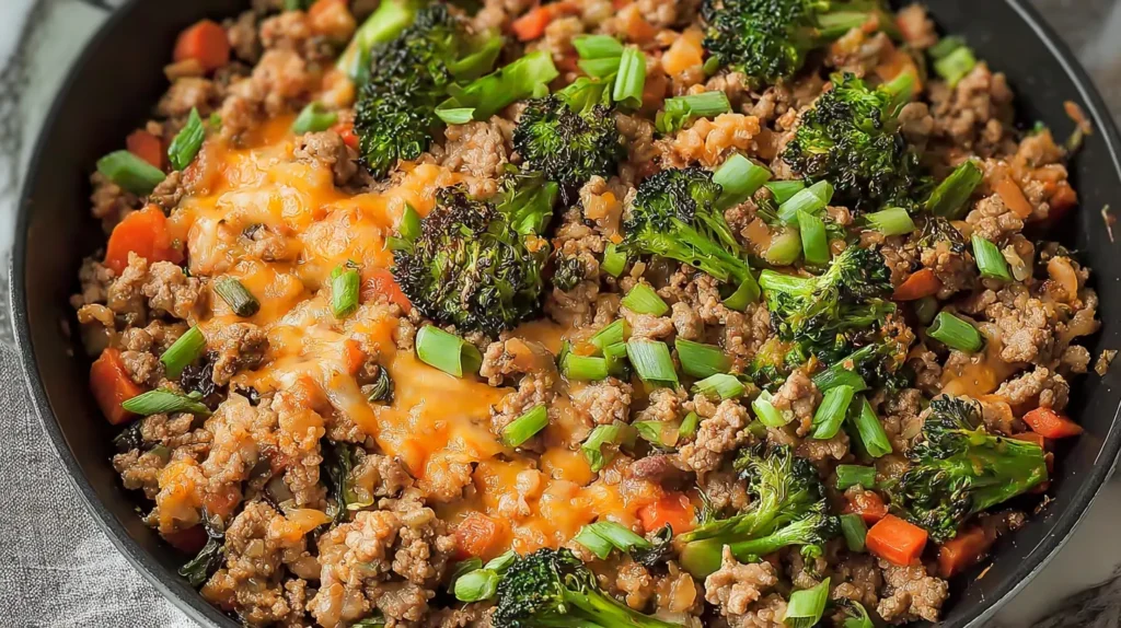 Healthy low-fat ground turkey dinner served with greens