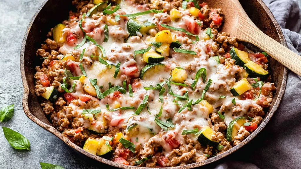 Healthy ground turkey skillet dish with mixed vegetables in a pan.