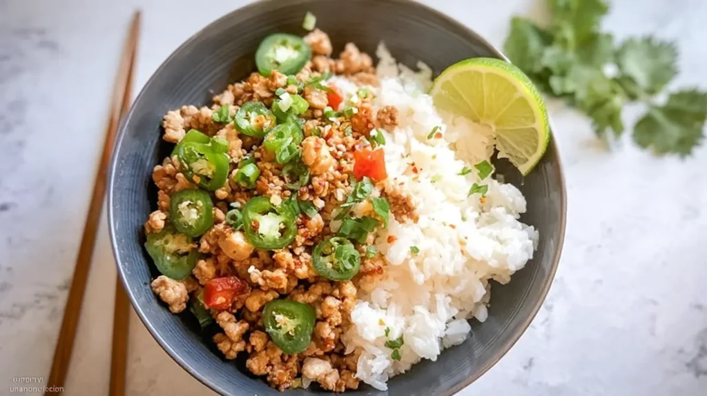 Delicious low fat turkey rice bowl showcasing lean ground turkey and fluffy rice.