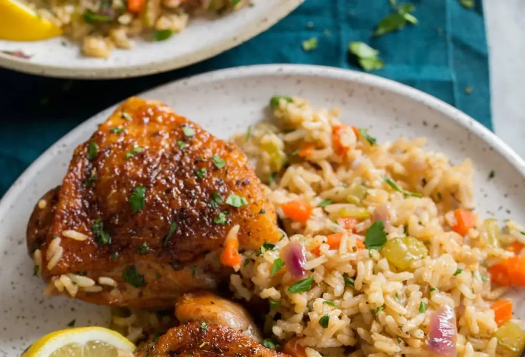 A baking dish filled with golden brown baked chicken and rice, ready to serve.