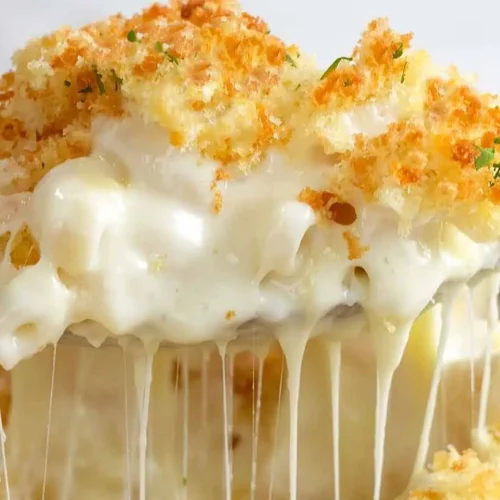 A bubbling dish of baked mac and cheese fresh from the oven