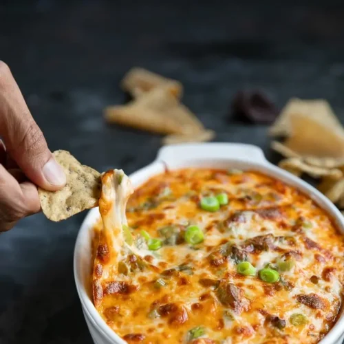A creamy and delicious buffalo chicken dip in a serving dish.
