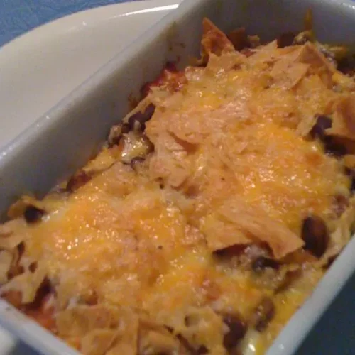 A classic breakfast casserole with eggs and cheese, fresh out of the oven.