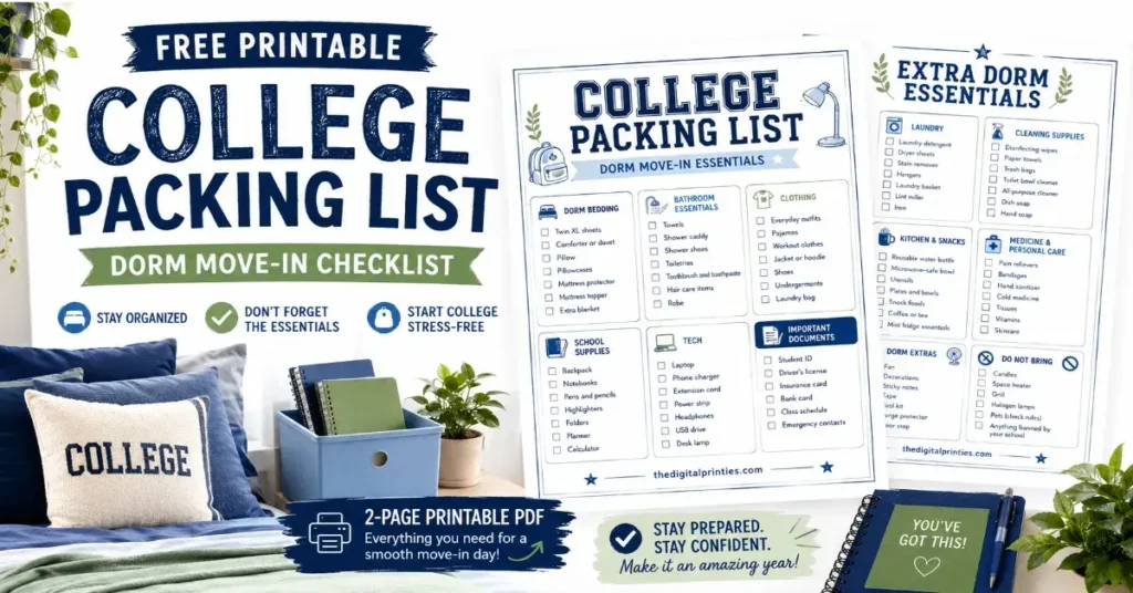 A comprehensive college move-in day checklist with items to pack