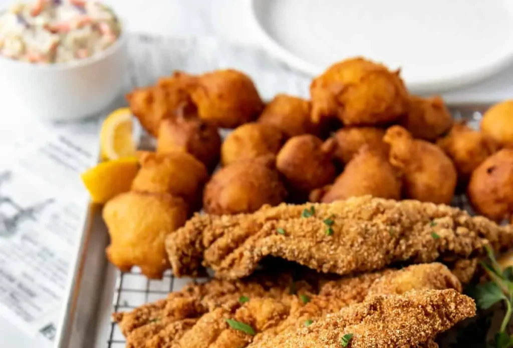 Platter of crispy, golden fried catfish fillets.