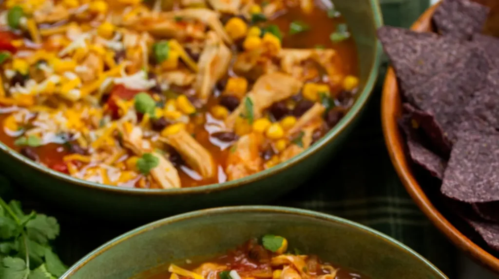 A hearty crockpot chicken tortilla soup in a bowl, garnished with fresh cilantro and lime.