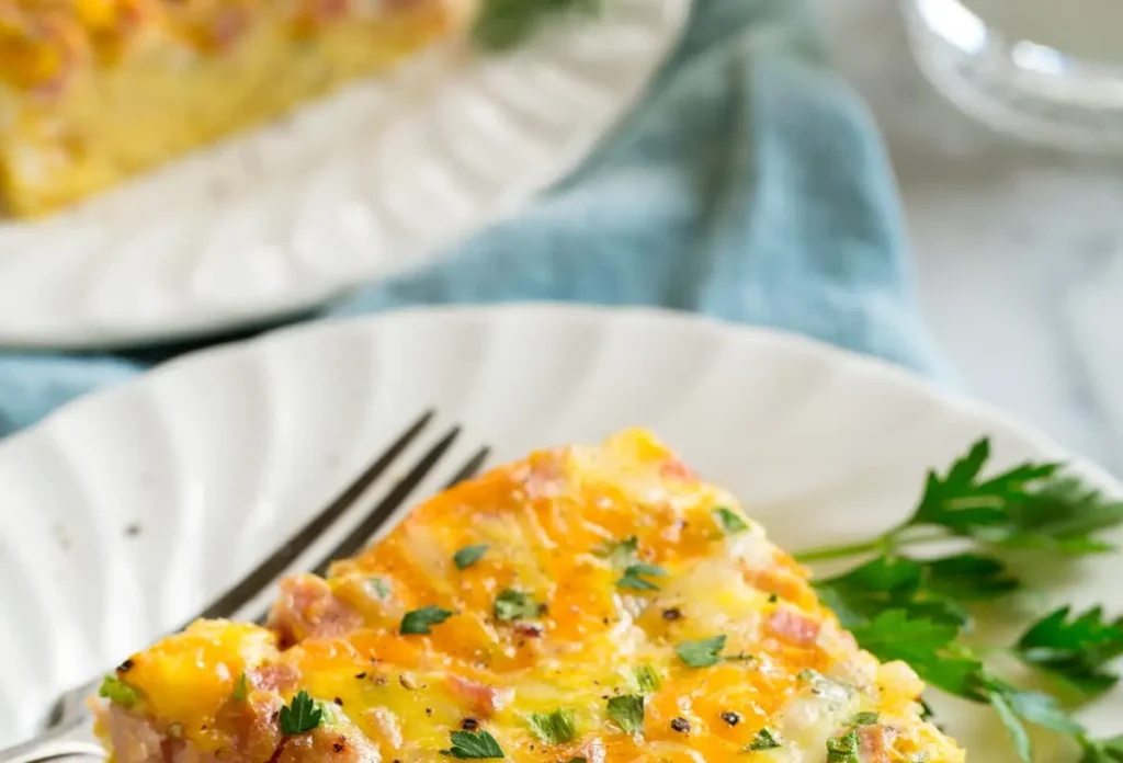 A freshly baked easy breakfast casserole, golden brown and bubbly