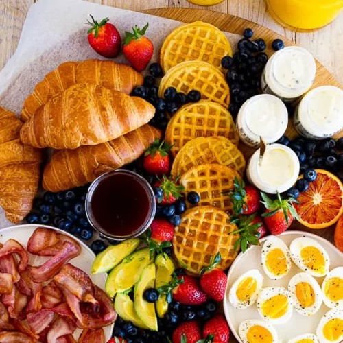 A colorful, easy breakfast plate with fruits and eggs