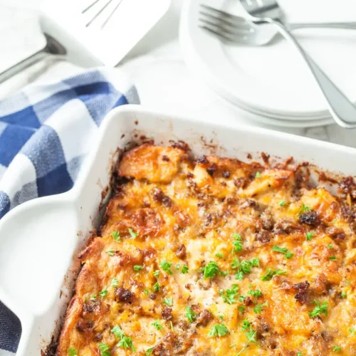 Ingredients for an easy overnight breakfast bake laid out on a kitchen counter.