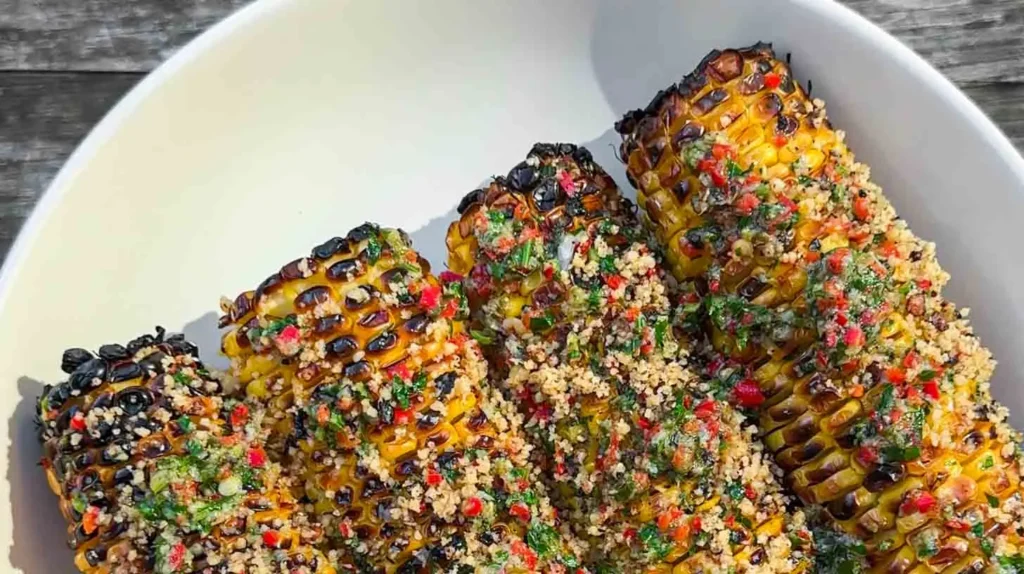 Grilled corn on the cob seasoned with a vibrant chili lime rub