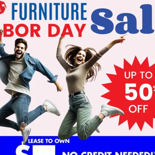 A showroom displaying various furniture pieces on sale for Labor Day.