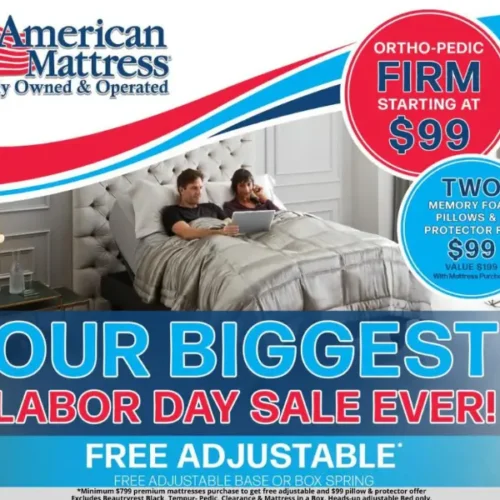 A display of various mattresses on sale for Labor Day.