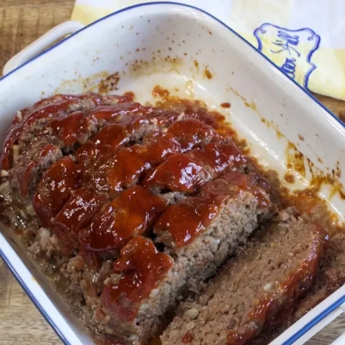 A delicious meatloaf with a rich brown sugar glaze coating the top