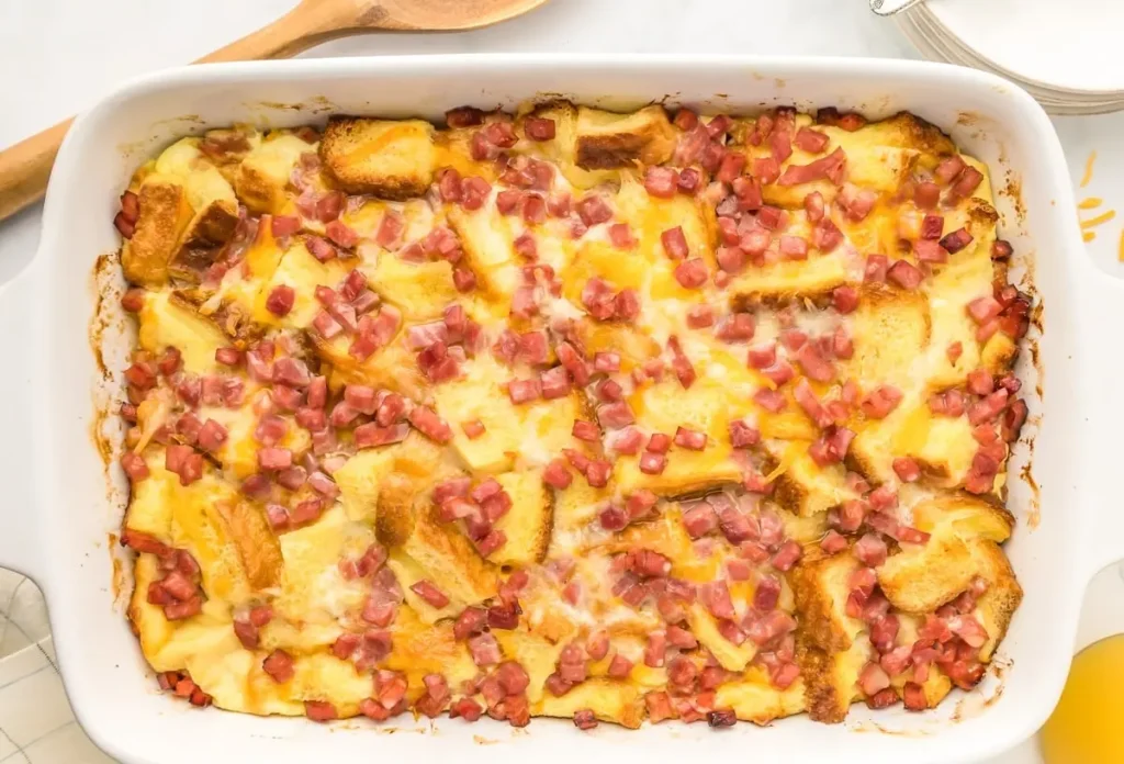 A freshly baked no-fuss breakfast casserole bake, golden brown and bubbling