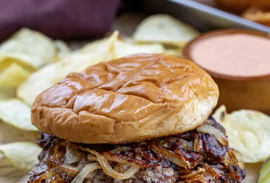 A delectable Oklahoma fried onion burger with melted cheese and pickles on a bun