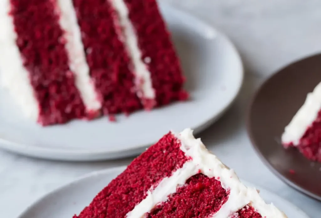 A slice of red velvet cake generously topped with cream cheese frosting, showing its vibrant red layers.