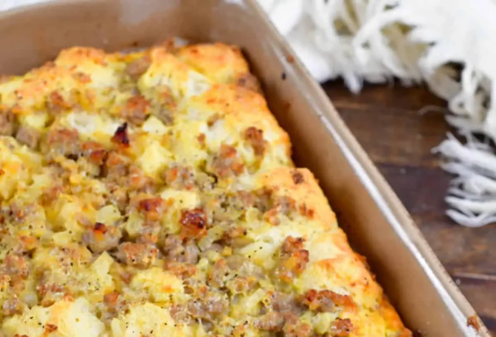 A simple egg breakfast casserole, freshly baked and golden brown.
