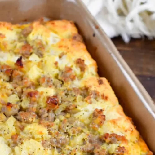 A simple egg breakfast casserole, freshly baked and golden brown.