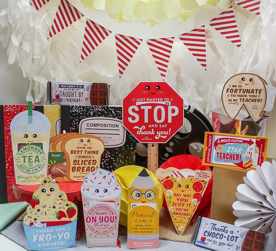 Various teacher appreciation gift ideas arranged for a display