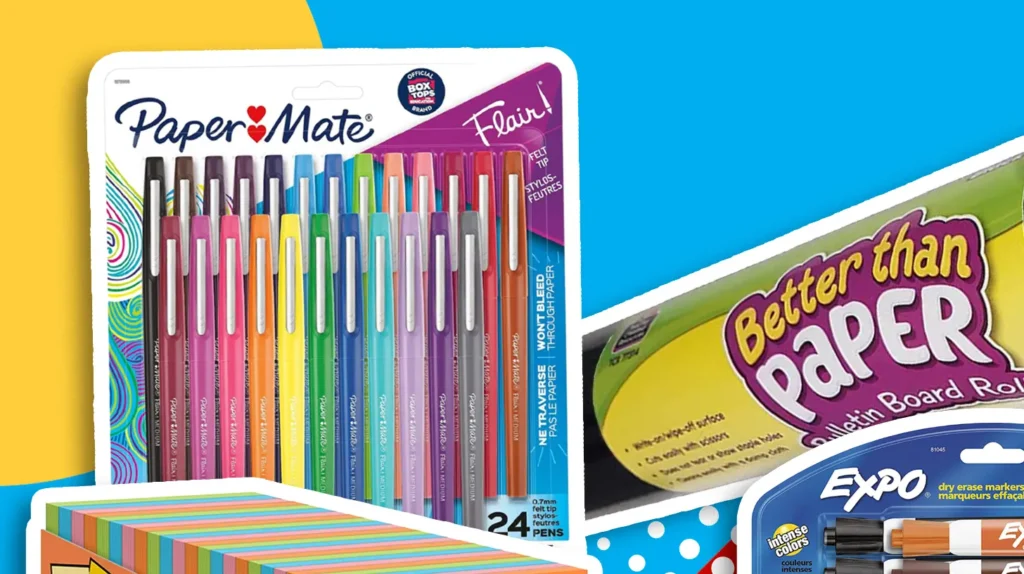 Various teacher classroom supplies displayed, highlighting great deals for educators.